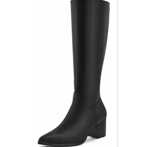 NEW Vegan Leather pointed Toe Mid Chunky heel zipper Knee High Boots 8
